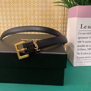 Saint Laurent Black Leather Belt with Gold Buckle